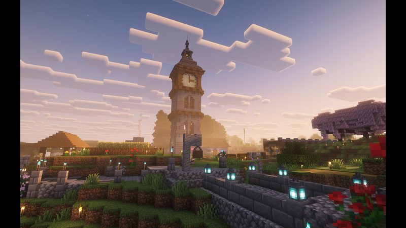 Clocktower with garden paths and lanterns