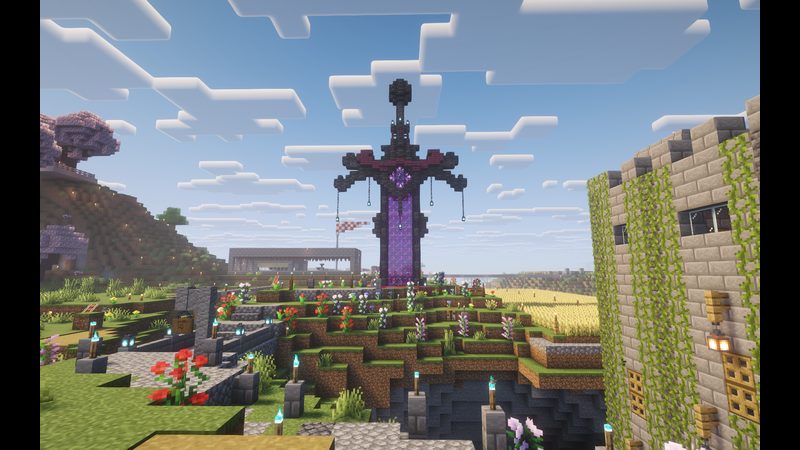 Portal monument on a hill with flowers