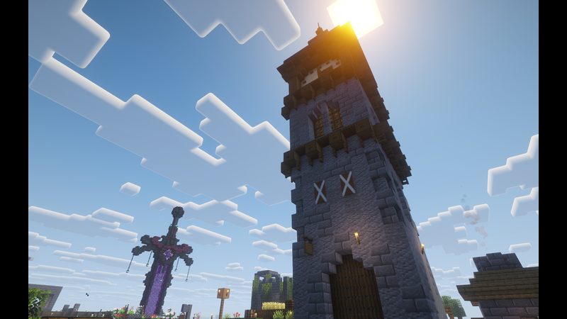 Low-angle tower shot with sun flare