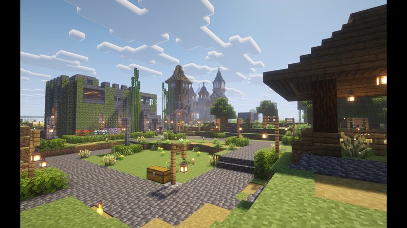 Town square with paths and distant grand building