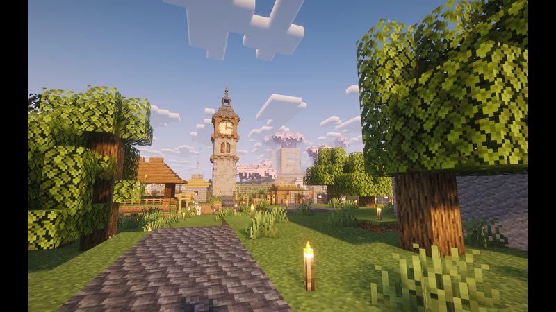 Path leading toward a tower through trees